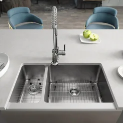 Rene 33" Stainless Steel Farmhouse Sink, 30/70 Double Bowl, 16 Gauge, R1-3003R-16