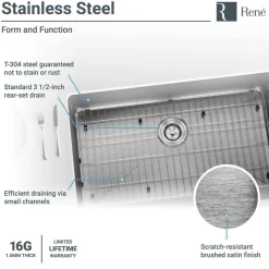 Rene 33" Stainless Steel Farmhouse Sink, 16 Gauge, R1-3001-16