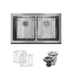 Rene 33" Stainless Steel Farmhouse Sink, 50/50 Double Bowl, 16 Gauge, R1-3002-16