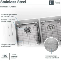 Rene 33" Stainless Steel Farmhouse Sink, 50/50 Double Bowl, 16 Gauge, R1-3002-16