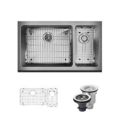 Rene 33" Stainless Steel Farmhouse Sink, 70/30 Double Bowl, 16 Gauge, R1-3003L-16