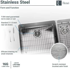 Rene 33" Stainless Steel Farmhouse Sink, 70/30 Double Bowl, 16 Gauge, R1-3003L-16
