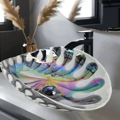 Ruvati 19 inch Murano Glass Art Vessel Seashell Decorative Pattern Bathroom Sink, Spira Luxe Pearl White, RVB3031