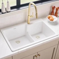 Ruvati epiGranite 33" Drop In Granite Composite Workstation Kitchen Sink, 60/40 Double Bowl, Arctic White Matte, RVG1347WH