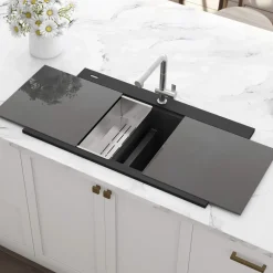 Ruvati epiGranite 34" Drop In Granite Composite Workstation Kitchen Sink, 50/50 Midnight Black, RVG1350BK