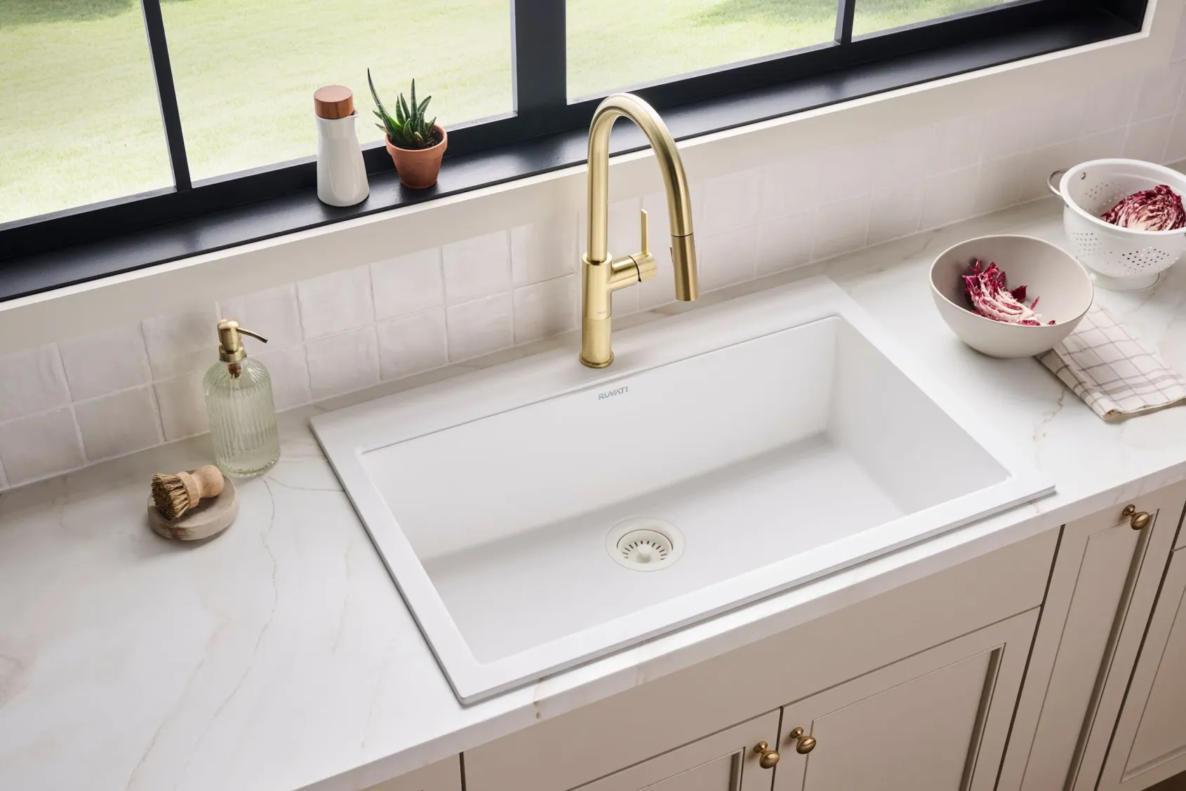 Ruvati epiGranite 33" Drop In Granite Composite Workstation Kitchen Sink, Arctic White Matte, RVG1083WH