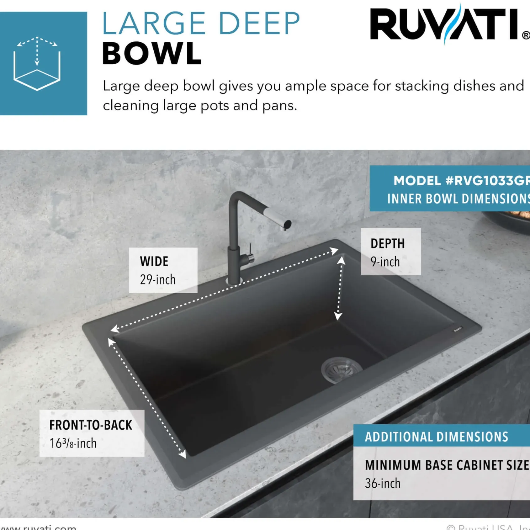 Ruvati epiGranite 33" Drop In Granite Composite Workstation Kitchen Sink, Urban Gray, RVG1033UG