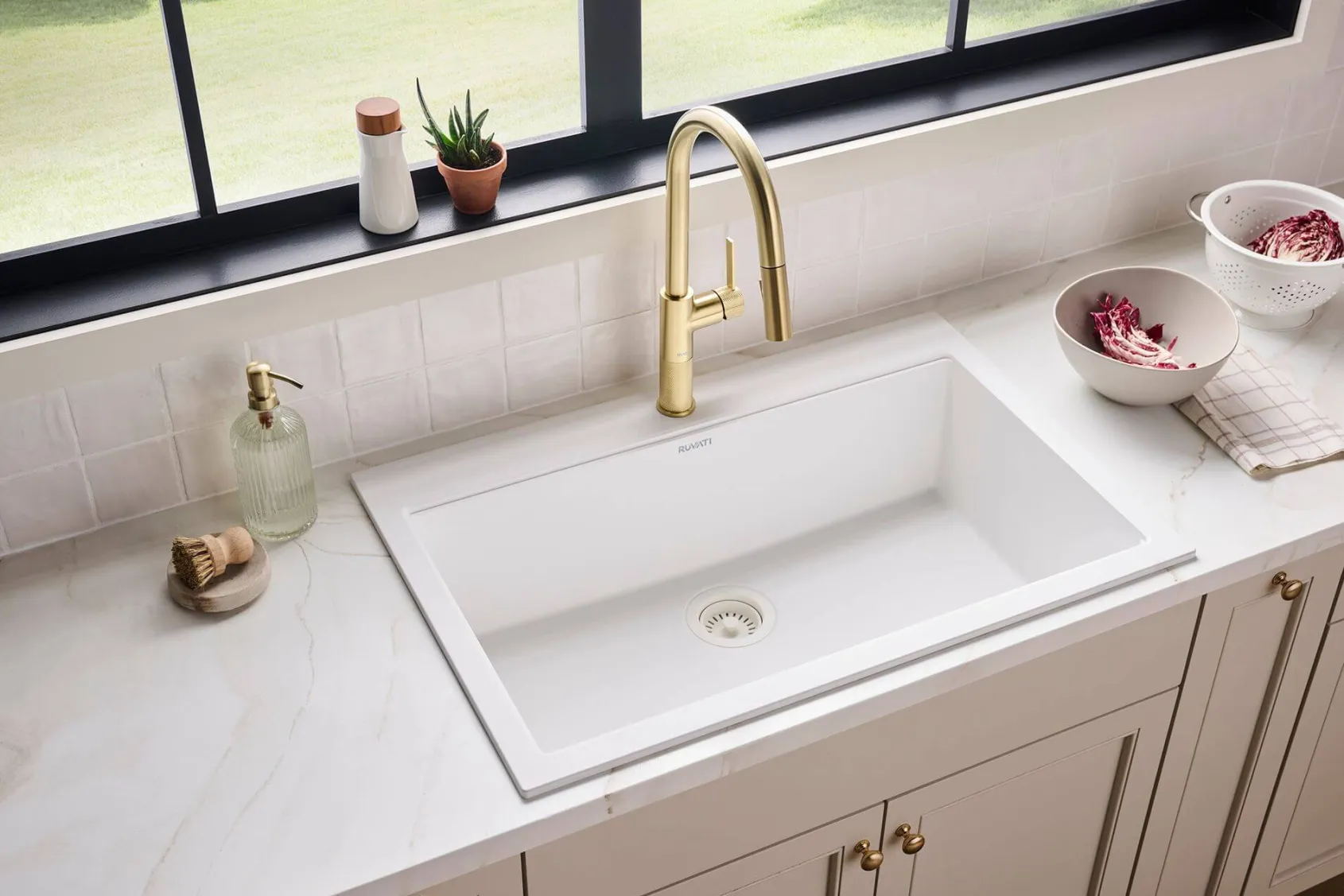 Ruvati epiGranite 33" Drop In Granite Composite Workstation Kitchen Sink, Arctic White Matte, RVG1303WH