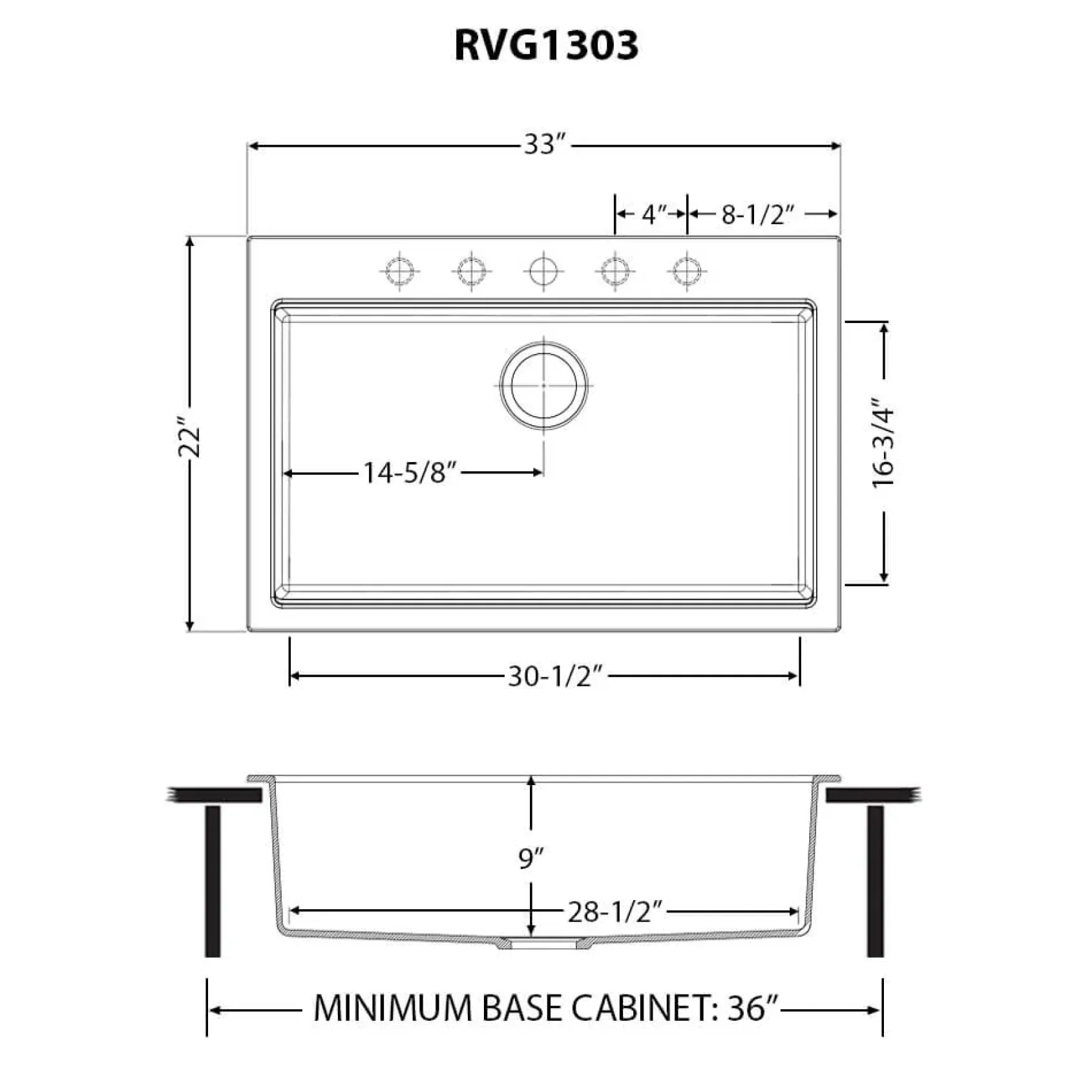 Ruvati epiGranite 33" Drop In Granite Composite Workstation Kitchen Sink, Midnight Black, RVG1303BK