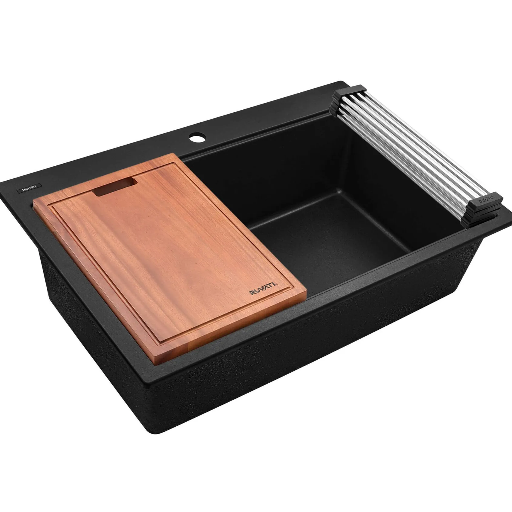 Ruvati epiGranite 33" Drop In Granite Composite Workstation Kitchen Sink, Midnight Black, RVG1303BK
