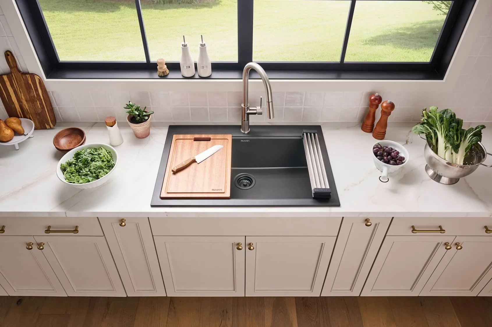 Ruvati epiGranite 33" Drop In Granite Composite Workstation Kitchen Sink, Midnight Black, RVG1303BK