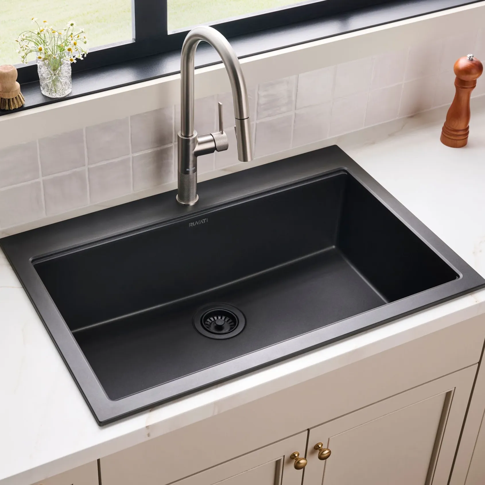 Ruvati epiGranite 33" Drop In Granite Composite Workstation Kitchen Sink, Midnight Black, RVG1083BK