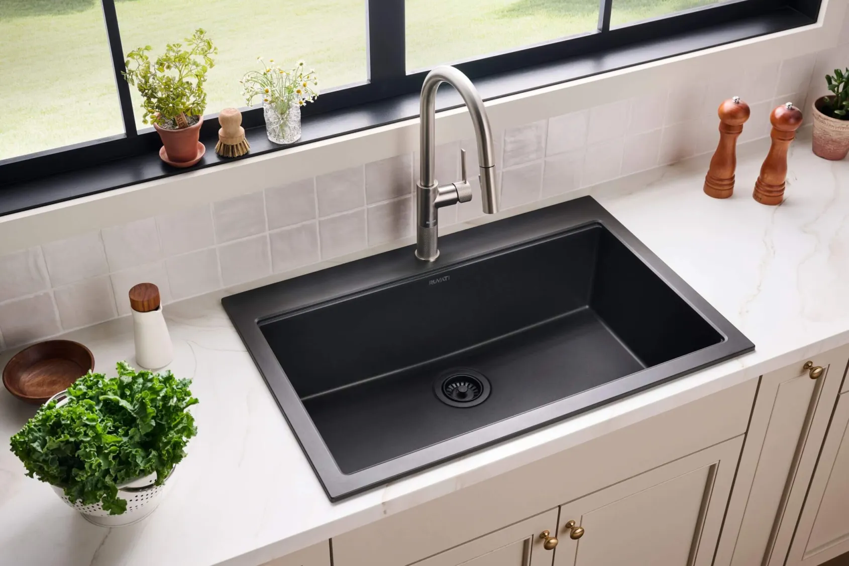 Ruvati epiGranite 33" Drop In Granite Composite Workstation Kitchen Sink, Midnight Black, RVG1083BK