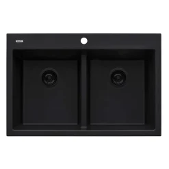 Ruvati epiGranite 33" Drop-in Topmount Granite Composite Kitchen Sink, 50/50 Low Divide Double Bowl, Midnight Black, RVG1385BK