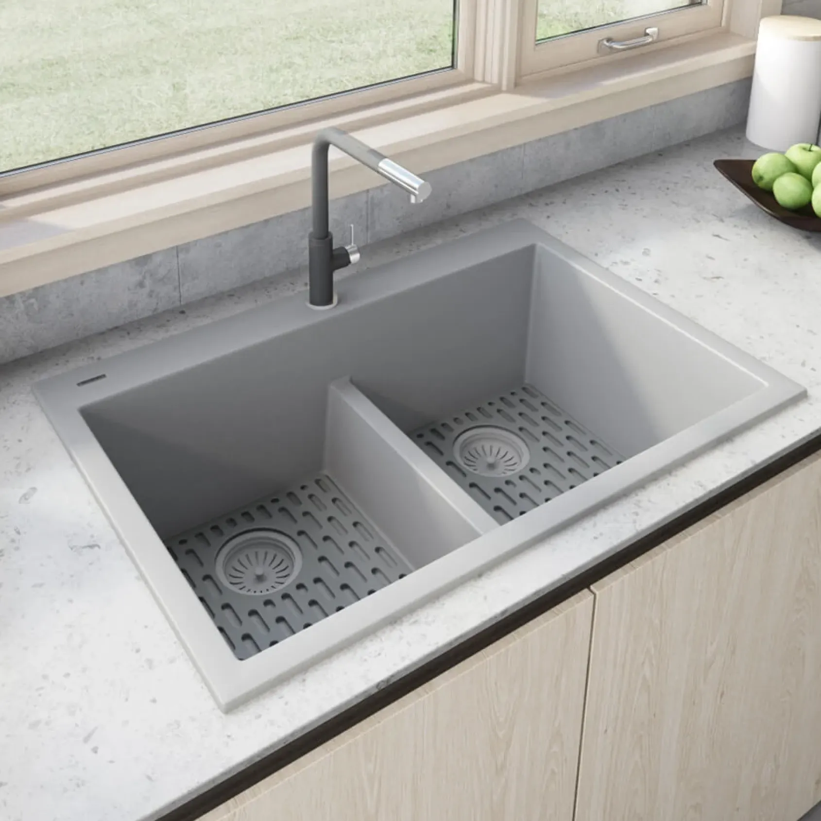 Ruvati epiGranite 33" Drop-in Topmount Granite Composite Kitchen Sink, 50/50 Low Divide Double Bowl, Silver Gray, RVG1385GR
