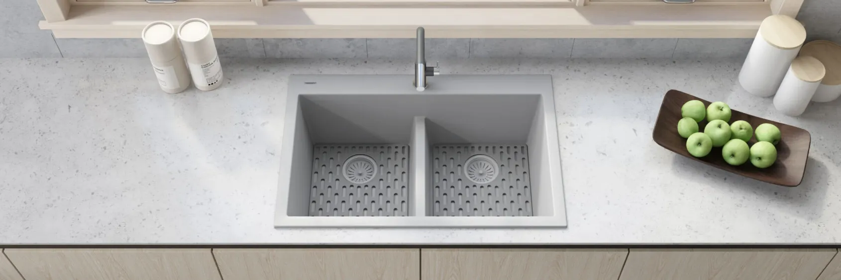 Ruvati epiGranite 33" Drop-in Topmount Granite Composite Kitchen Sink, 50/50 Low Divide Double Bowl, Silver Gray, RVG1385GR