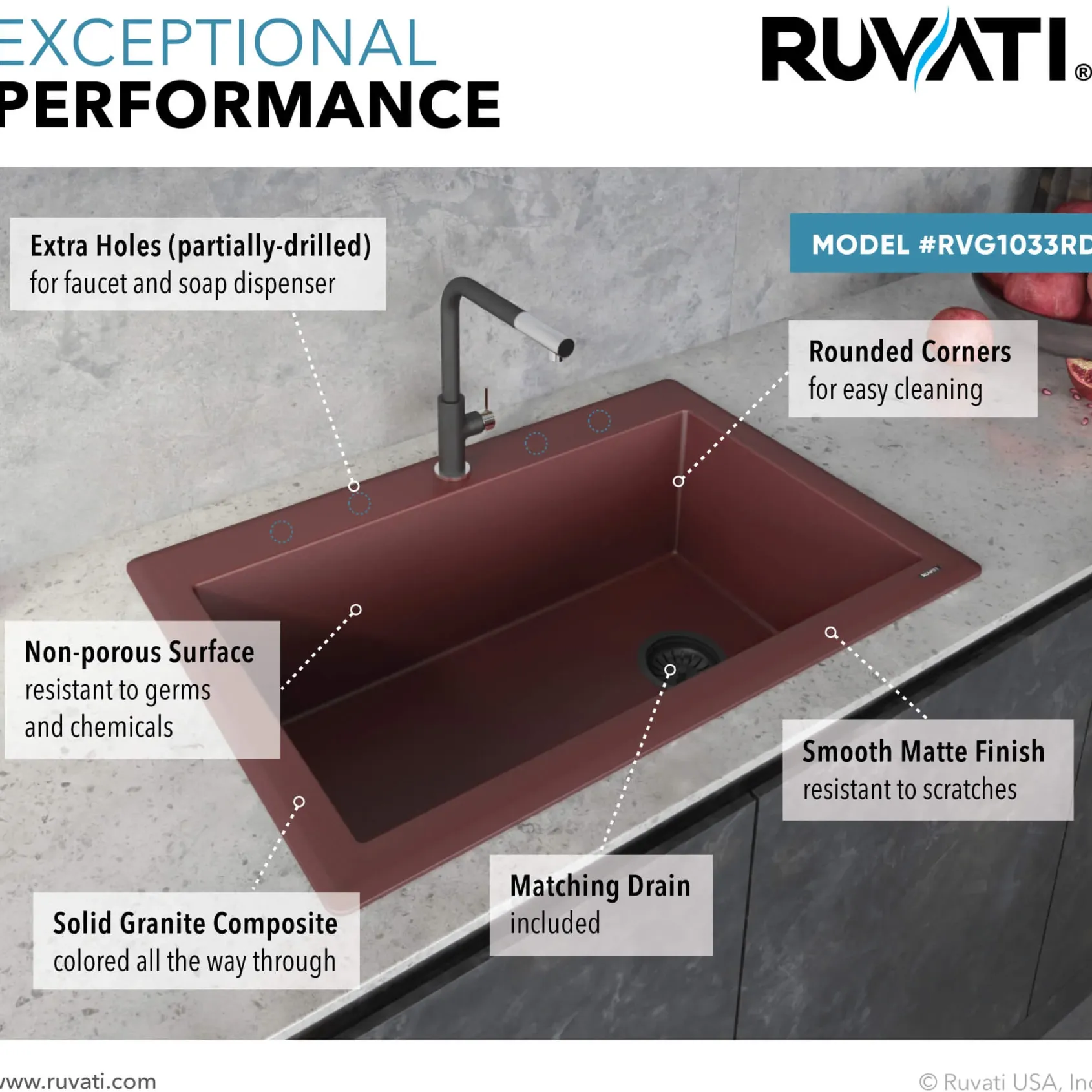 Ruvati epiGranite 33" Drop-in Topmount Granite Composite Kitchen Sink, Carnelian Red, RVG1033RD