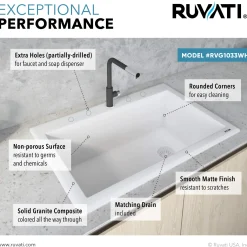Ruvati epiGranite 33" Drop-in Topmount Granite Composite Kitchen Sink, Arctic White, RVG1033WH