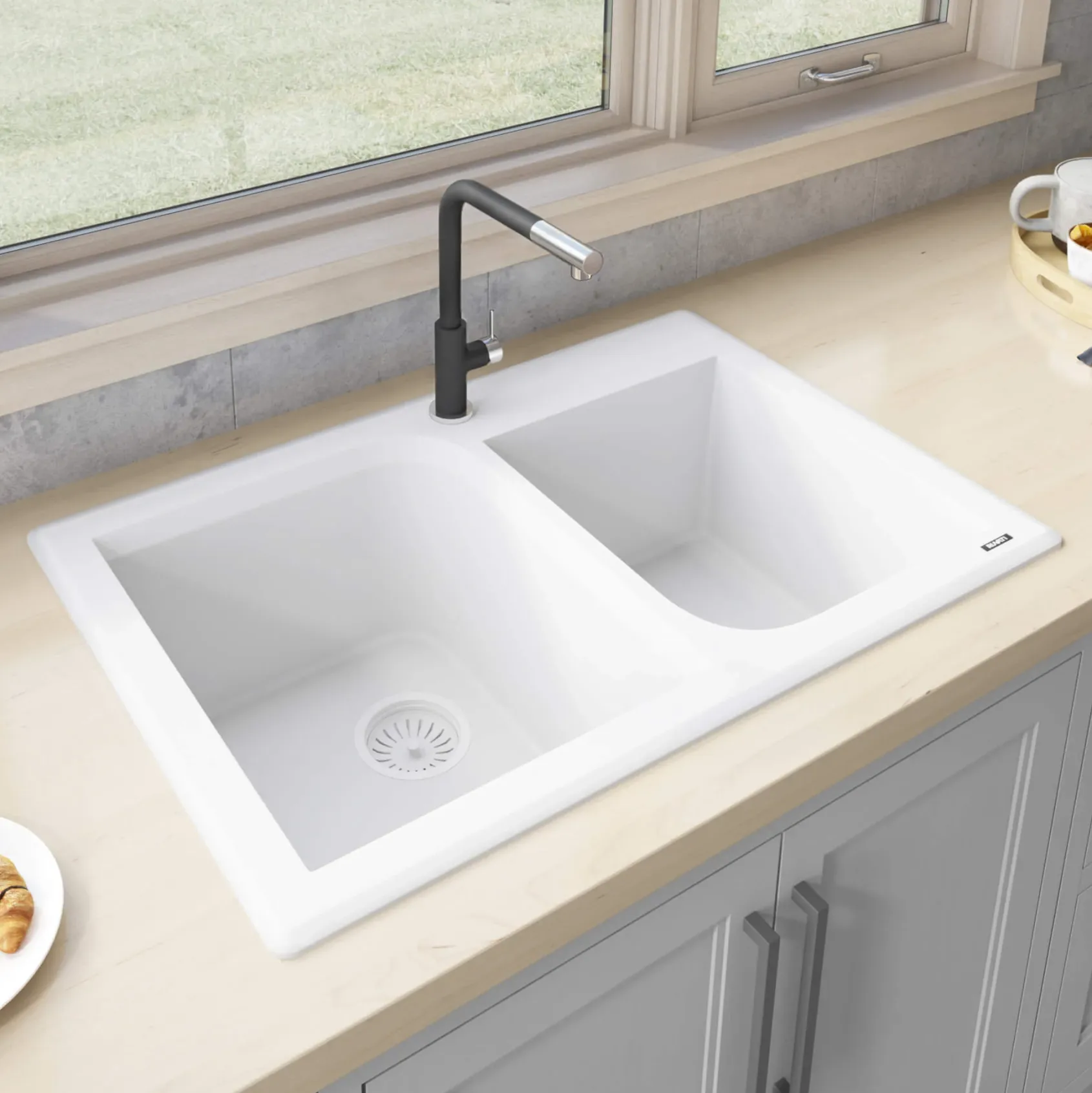 Ruvati epiGranite 33" Dual-Mount Granite Composite Kitchen Sink, 55/45 Double Bowl, Arctic White, RVG1396WH