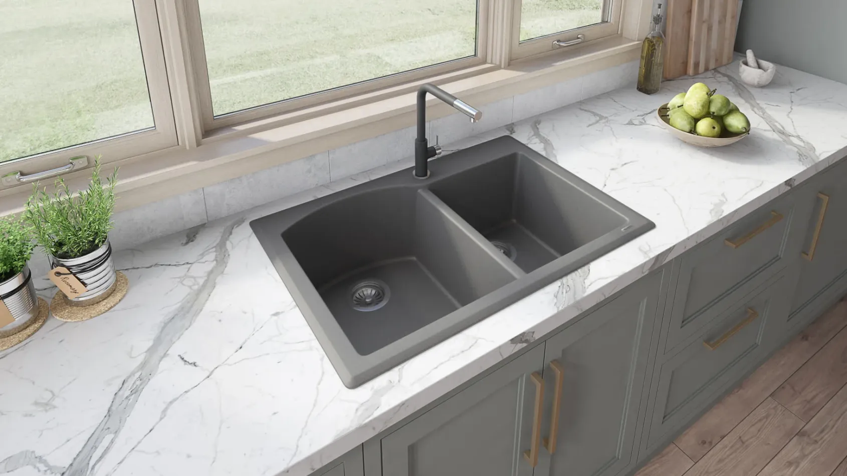 Ruvati epiGranite 33" Dual-Mount Granite Composite Kitchen Sink, 55/45 Double Bowl, Urban Gray, RVG1344GR