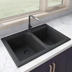 Ruvati epiGranite 33" Dual-Mount Granite Composite Kitchen Sink, 55/45 Double Bowl, Midnight Black, RVG1396BK