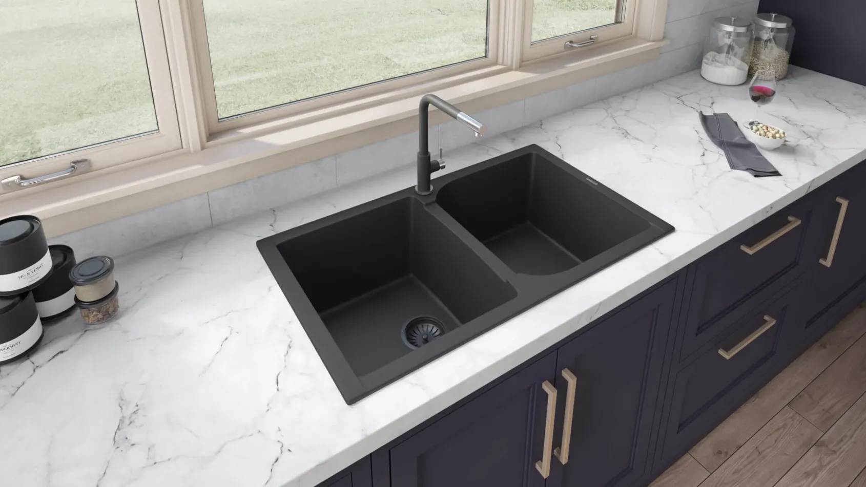 Ruvati epiGranite 34" Dual-Mount Granite Composite Kitchen Sink, 50/50 Double Bowl, Midnight Black, RVG1319BK