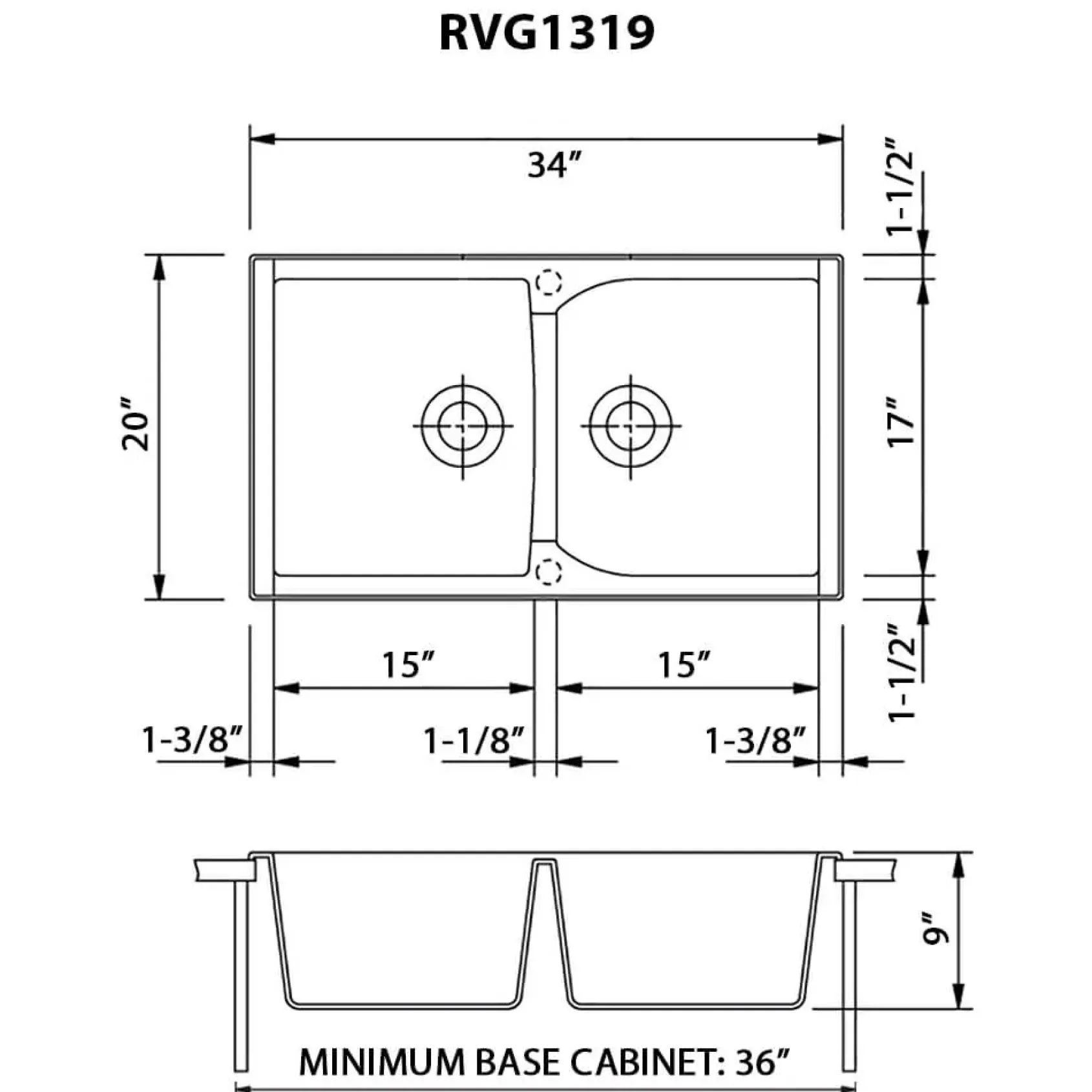 Ruvati epiGranite 34" Dual-Mount Granite Composite Kitchen Sink, 50/50 Double Bowl, Midnight Black, RVG1319BK