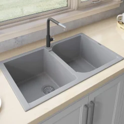 Ruvati epiGranite 34" Dual-Mount Granite Composite Kitchen Sink, 50/50 Double Bowl, Silver Gray, RVG1319GR