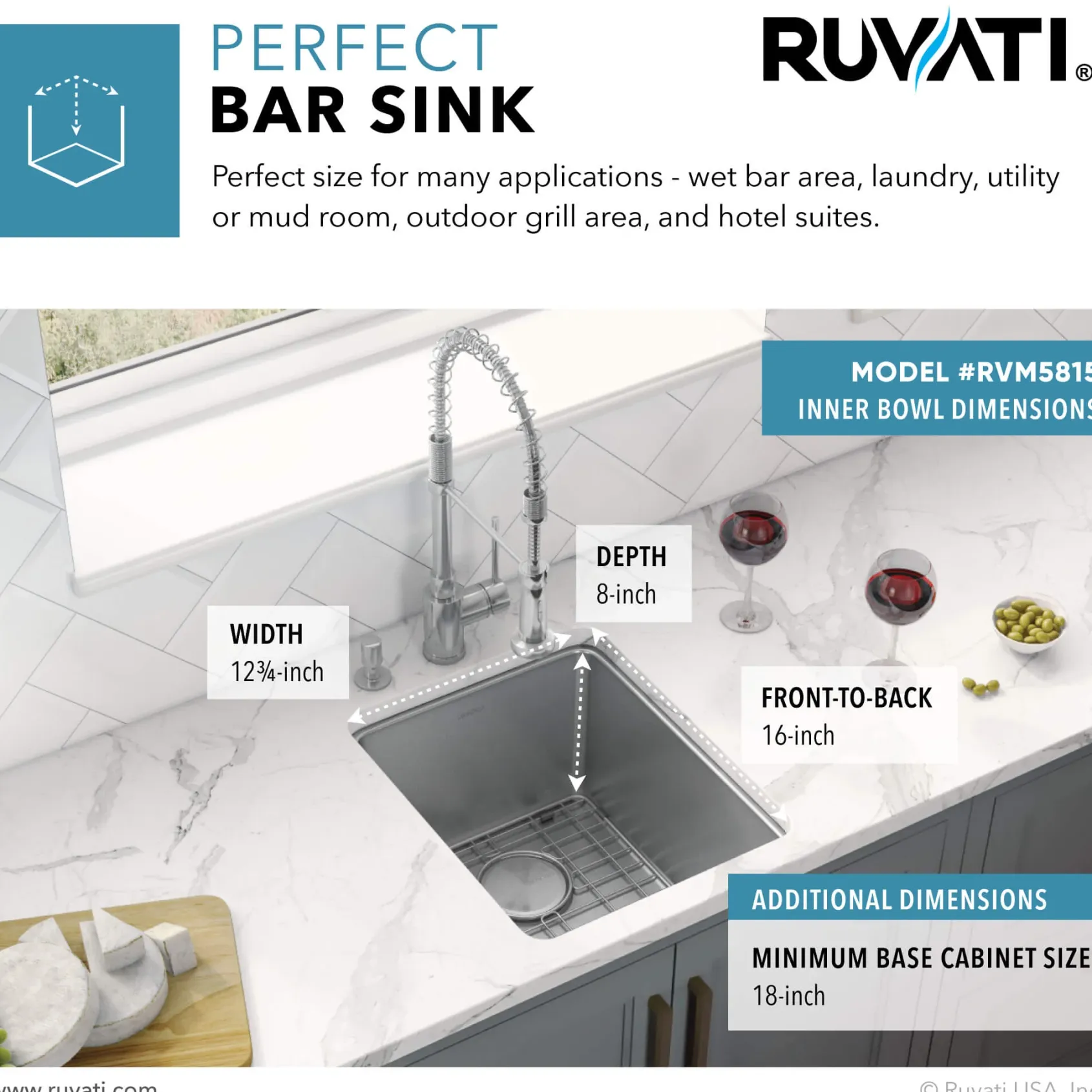 Ruvati Modena 15" Undermount Rectangle Stainless Steel Bar/Prep Sink, 16 Gauge, RVM5815