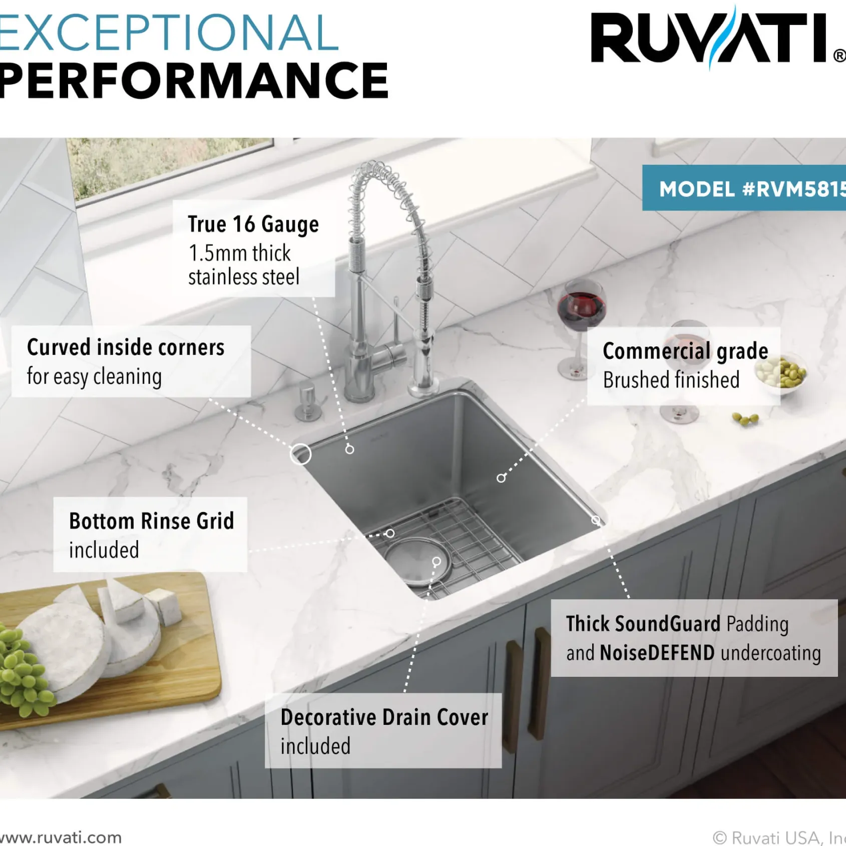 Ruvati Modena 15" Undermount Rectangle Stainless Steel Bar/Prep Sink, 16 Gauge, RVM5815