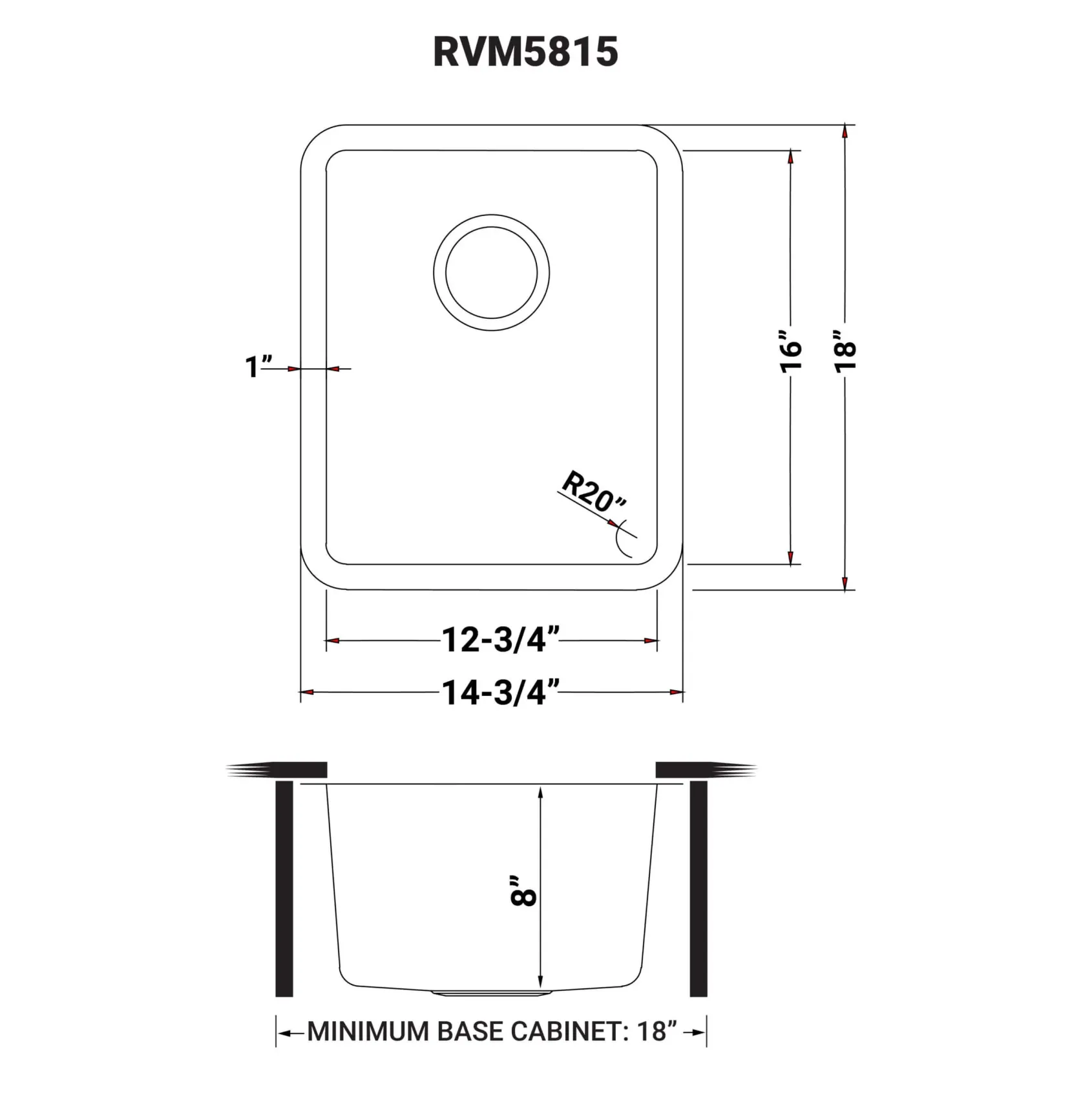 Ruvati Modena 15" Undermount Rectangle Stainless Steel Bar/Prep Sink, 16 Gauge, RVM5815