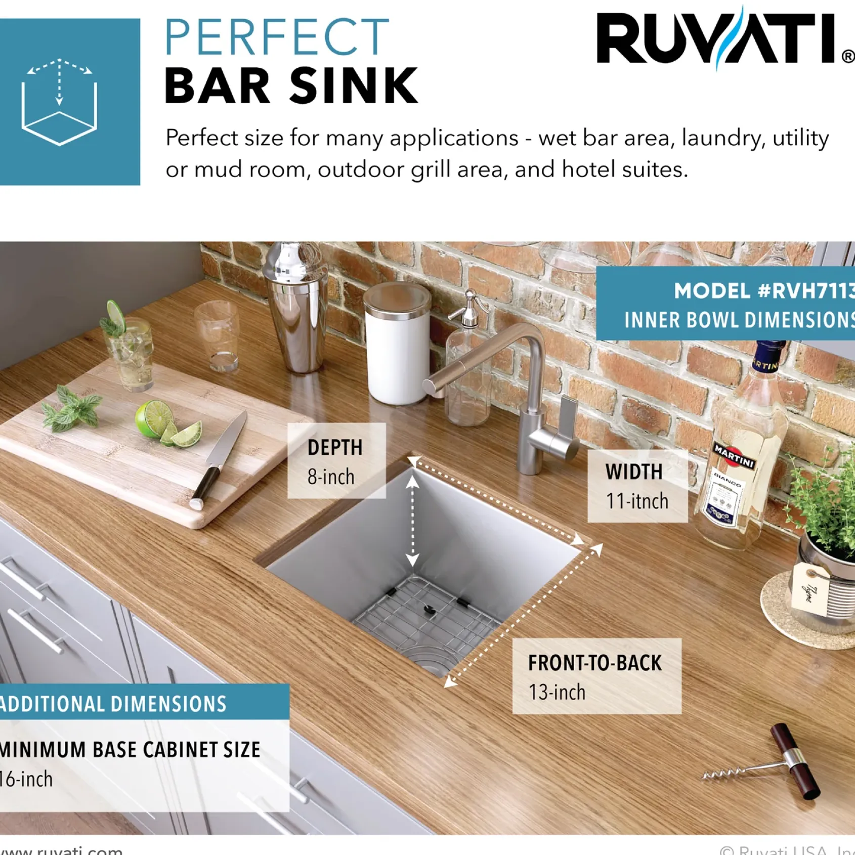 Ruvati Nesta 13" Undermount Rectangle Stainless Steel Bar/Prep Sink, 16 Gauge, Zero Radius, RVH7113