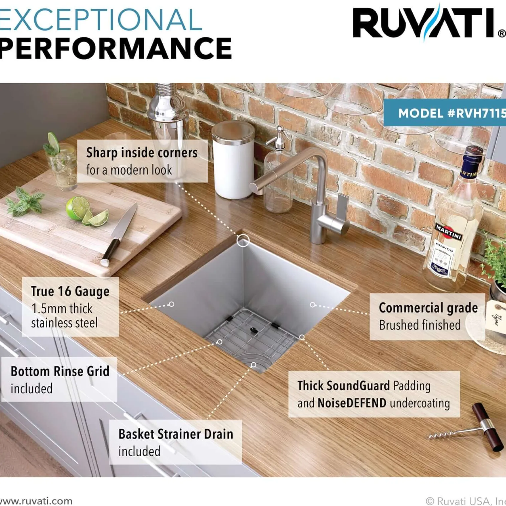 Ruvati Nesta 15" Undermount Square Stainless Steel Bar/Prep Sink, 16 Gauge, Zero Radius, RVH7115