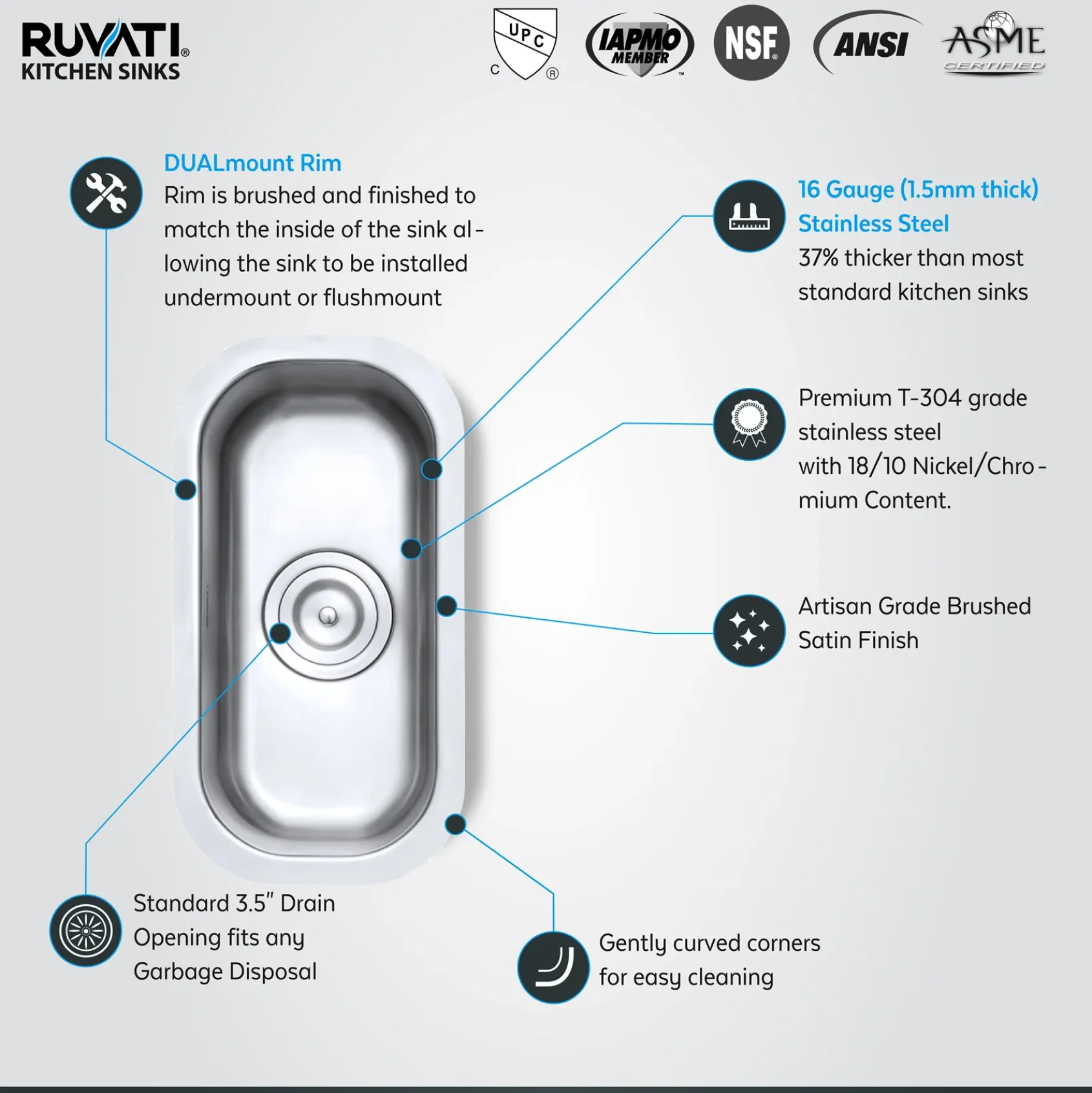 Ruvati Parmi 10" Undermount Rectangle Stainless Steel Bar/Prep Sink, 16 Gauge, RVM4119