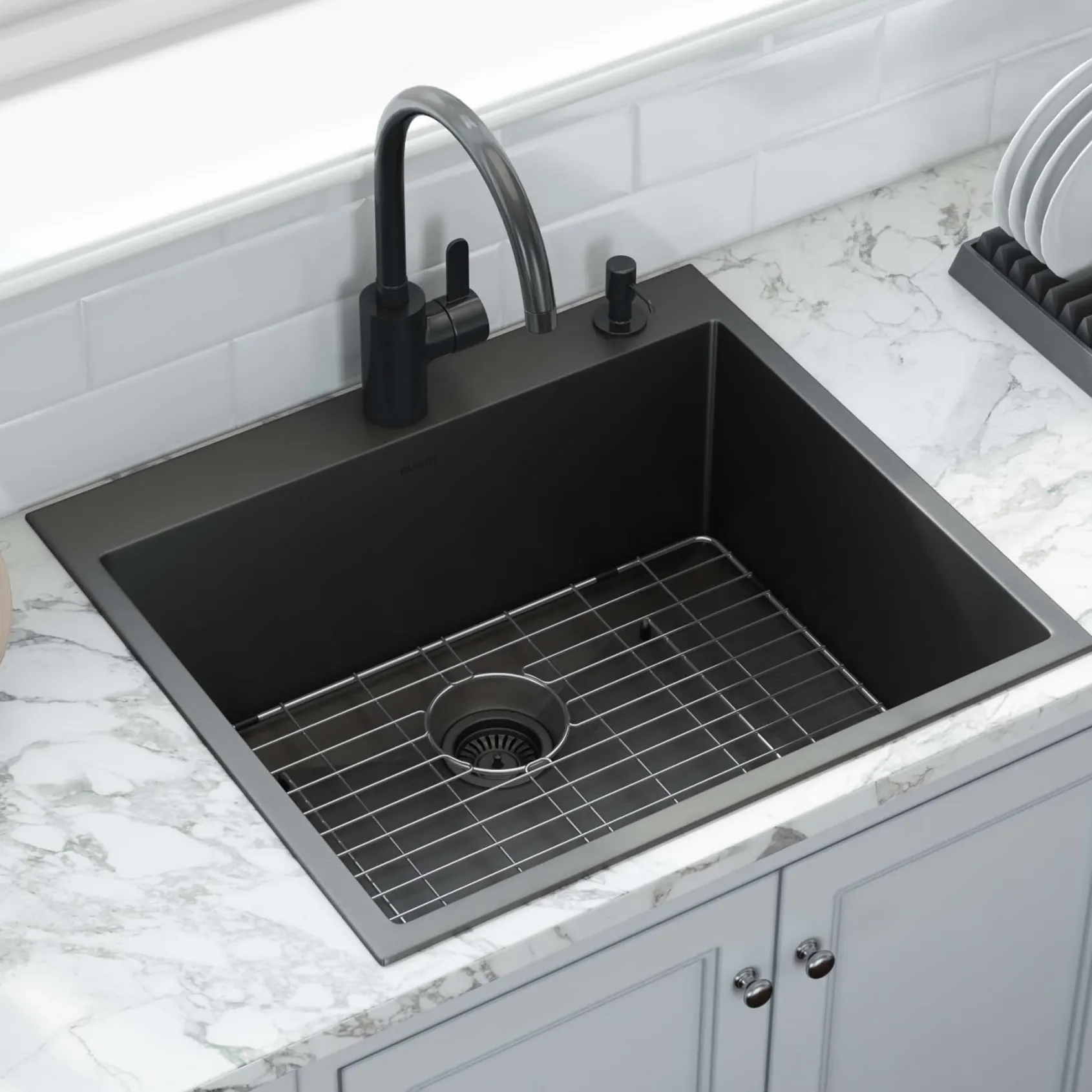 Ruvati Terraza 25" Drop-in Topmount Stainless Steel Kitchen Sink, Gunmetal Matte Black, 16 Gauge, RVH5007BL