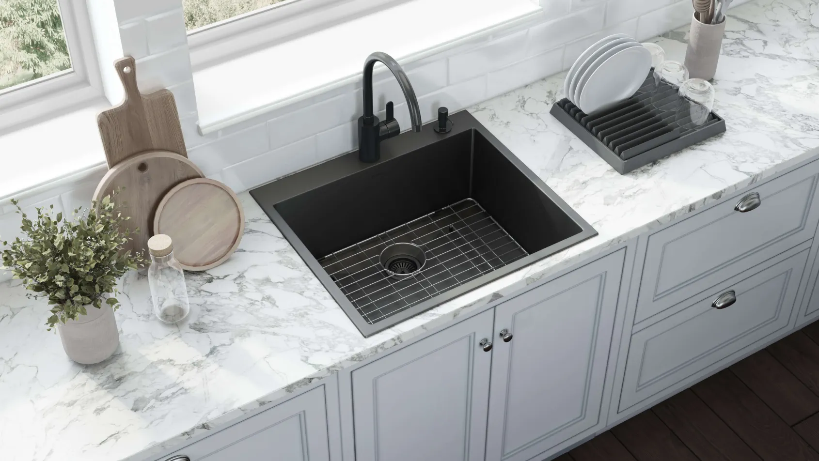 Ruvati Terraza 25" Drop-in Topmount Stainless Steel Kitchen Sink, Gunmetal Matte Black, 16 Gauge, RVH5007BL