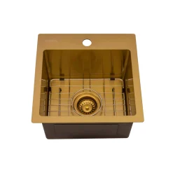 Ruvati Terraza 15 inch Polished Brass Matte Gold Stainless Steel Drop-in Topmount Bar Prep Sink Single Bowl, 16, Matte Gold Satin Brass, RVH8115GG