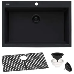 Ruvati 27" Drop-in Topmount Granite Composite Kitchen Sink, Midnight Black, RVG1027BK
