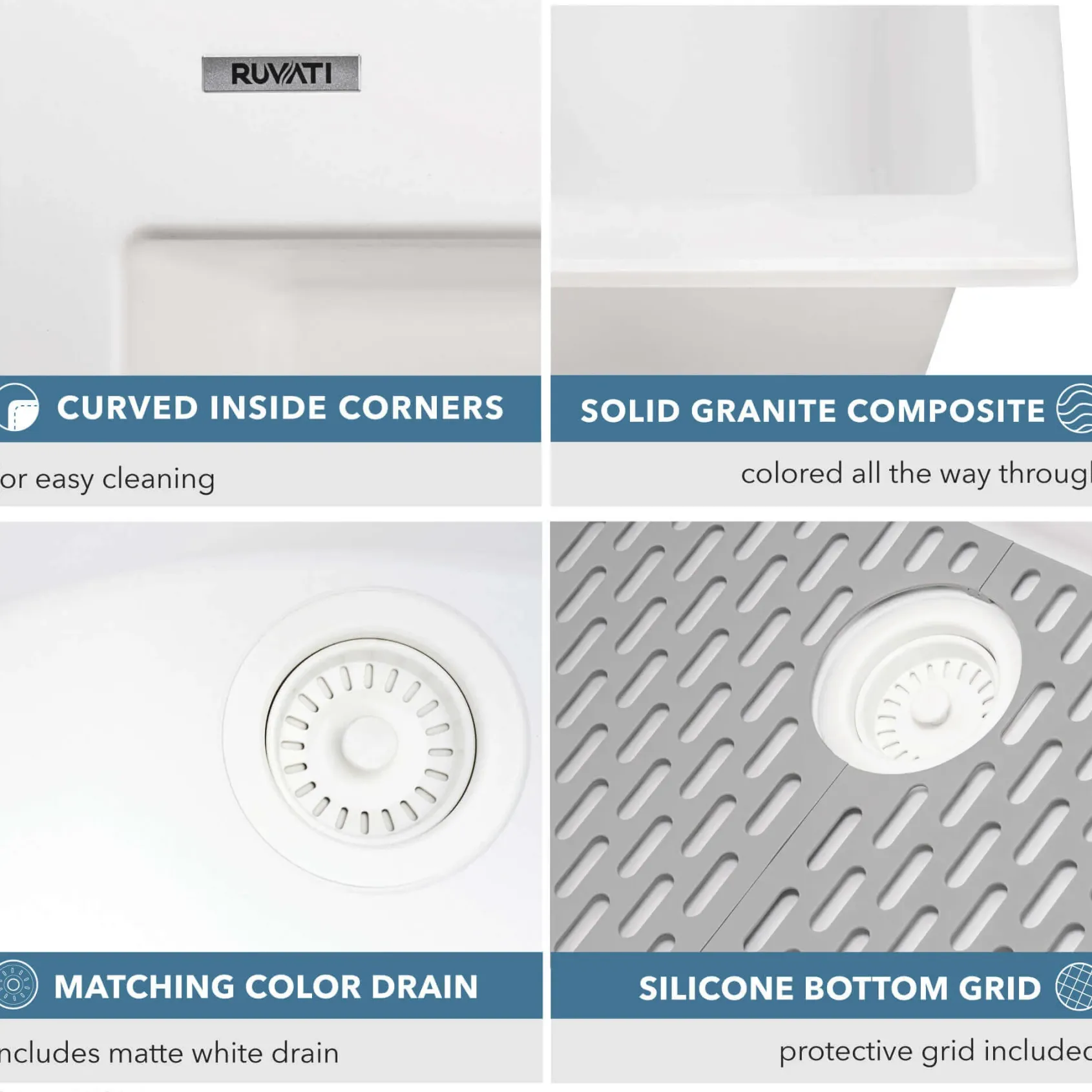 Ruvati 27" Drop-in Topmount Granite Composite Kitchen Sink, Arctic White, RVG1027WH