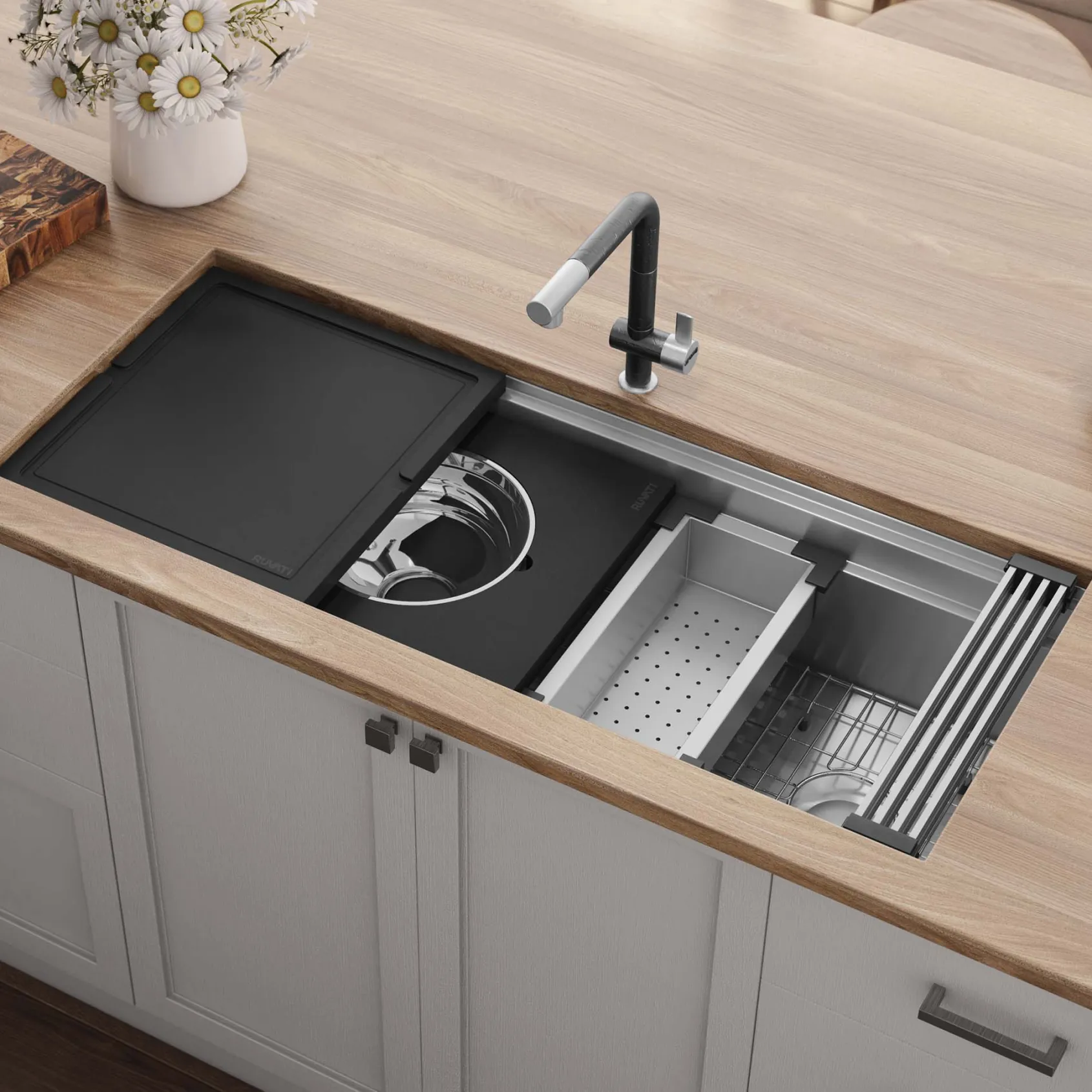 Ruvati Dual-Tier Nova 45" Undermount Stainless Steel Workstation Kitchen Sink, 16 Gauge, RVH8335
