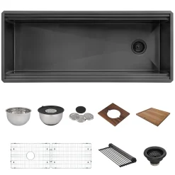 Ruvati Dual-Tier Pro 45-inch Gunmetal Black Stainless Steel Workstation Two-Tiered Ledge Undermount Kitchen Sink, 16, RVH6333BL