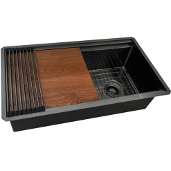 Ruvati Dual-Tier Pro 33-inch Gunmetal Black Stainless Steel Workstation Two-Tiered Ledge Kitchen Sink Undermount, 16, RVH6222BL