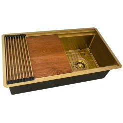 Ruvati Dual-Tier Pro 33-inch Polished Brass Matte Gold Stainless Steel Workstation Two-Tiered Ledge Undermount Kitchen Sink, 16, Matte Gold Satin Brass, RVH6222GG