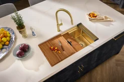 Ruvati Dual-Tier Pro 33-inch Polished Brass Matte Gold Stainless Steel Workstation Two-Tiered Ledge Undermount Kitchen Sink, 16, Matte Gold Satin Brass, RVH6222GG