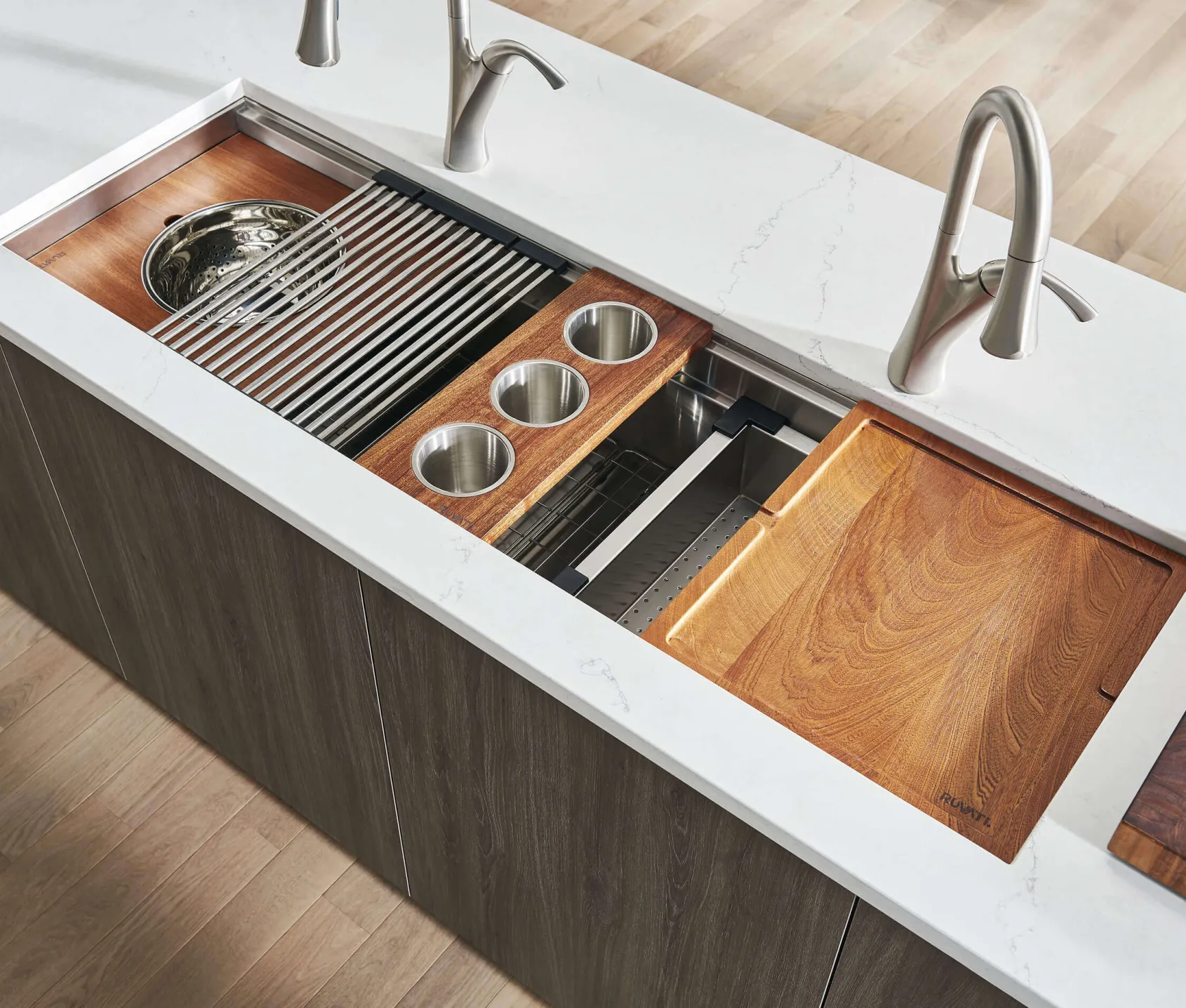 Ruvati Dual-Tier 57" Undermount Stainless Steel Workstation Kitchen Sink, 16 Gauge, RVH8555