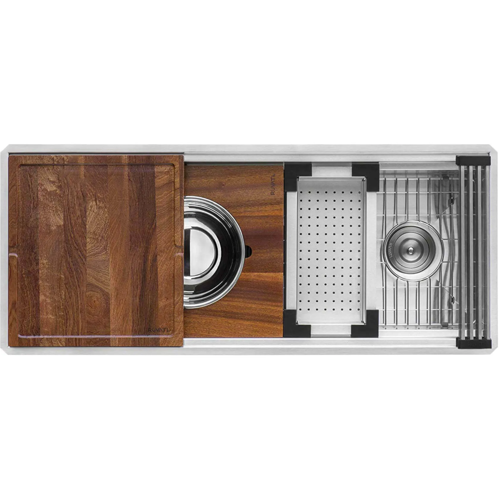 Ruvati Dual-Tier 57" Undermount Stainless Steel Workstation Kitchen Sink, 16 Gauge, RVH8555