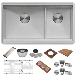 Ruvati Dual-Tier 33" Undermount Stainless Steel Workstation Kitchen Sink, 60/40 Low Divide Double Bowl, 16 Gauge, RVH8255