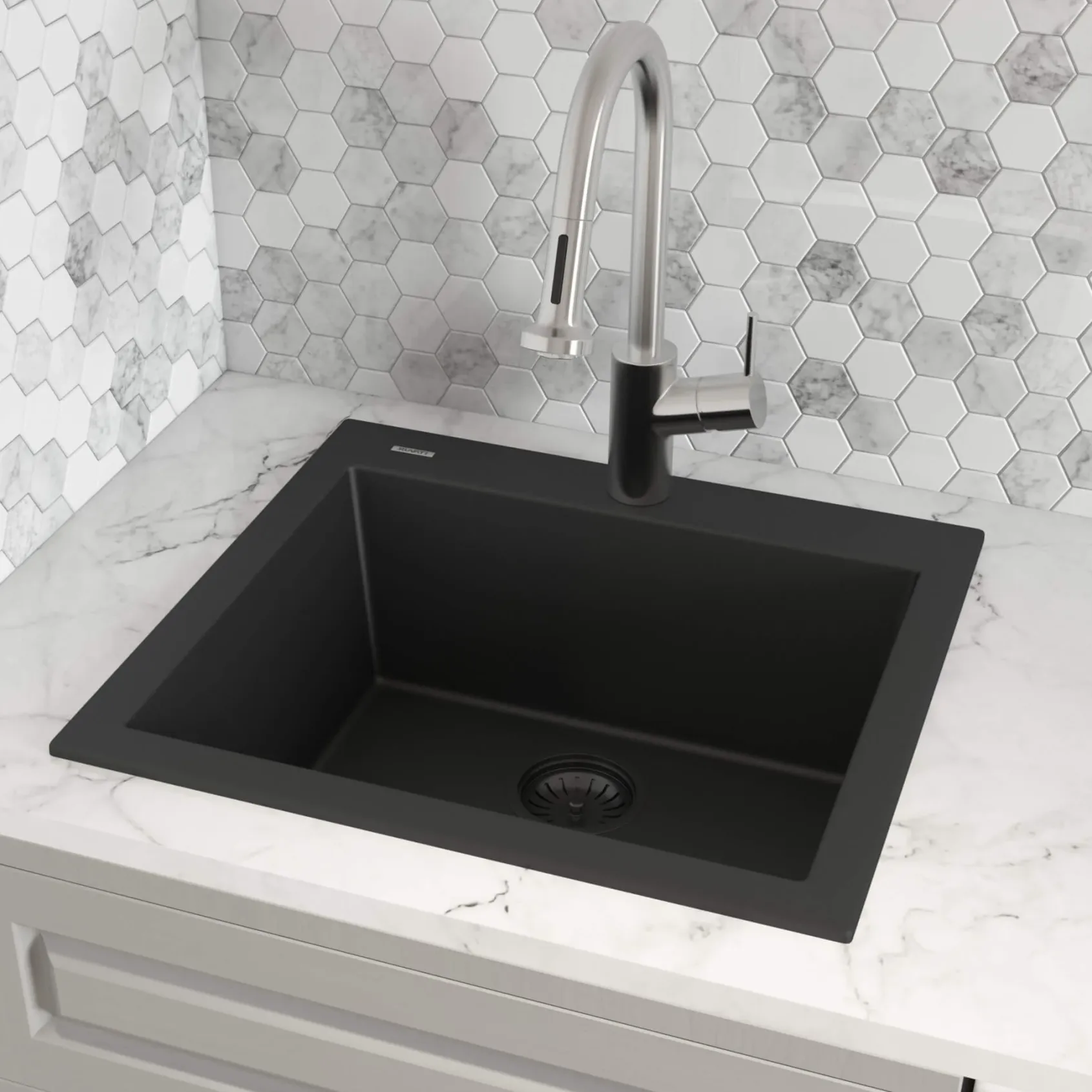 Ruvati epiGranite 24" Drop-in Topmount Granite Composite Kitchen Sink, Midnight Black, RVG1023BK