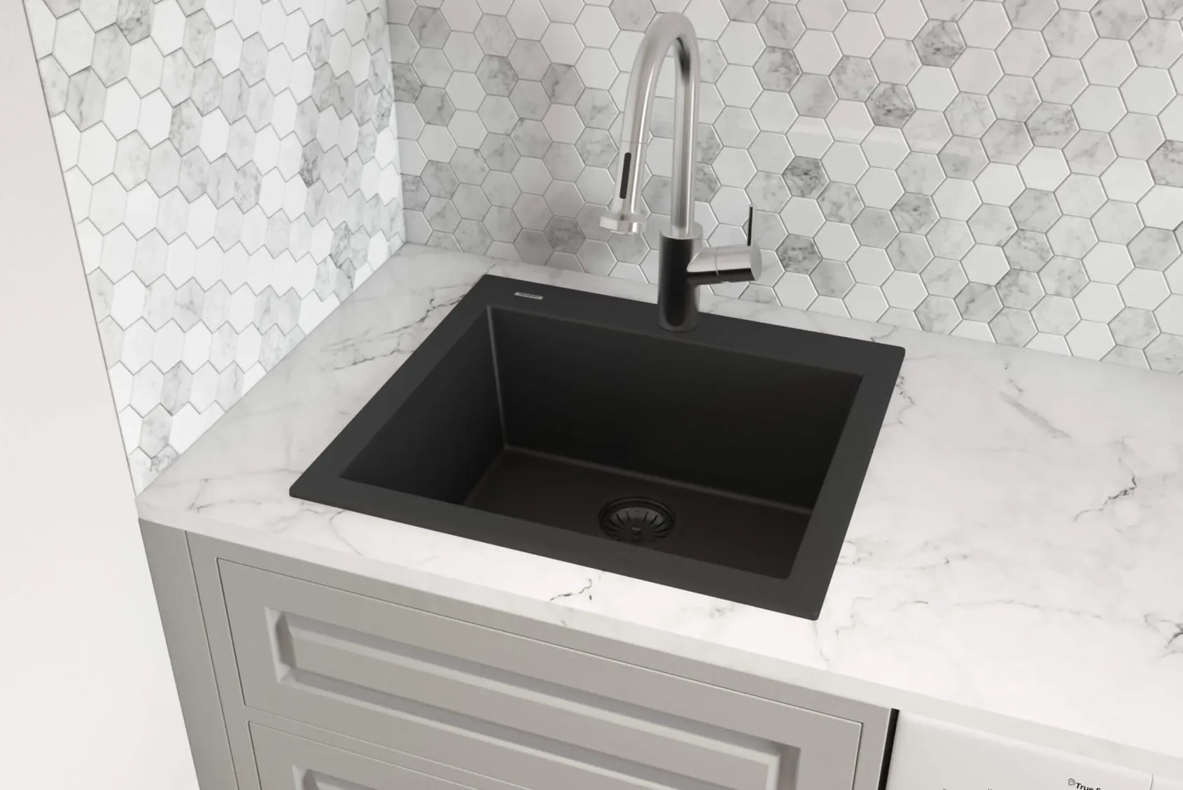 Ruvati epiGranite 24" Drop-in Topmount Granite Composite Kitchen Sink, Midnight Black, RVG1023BK
