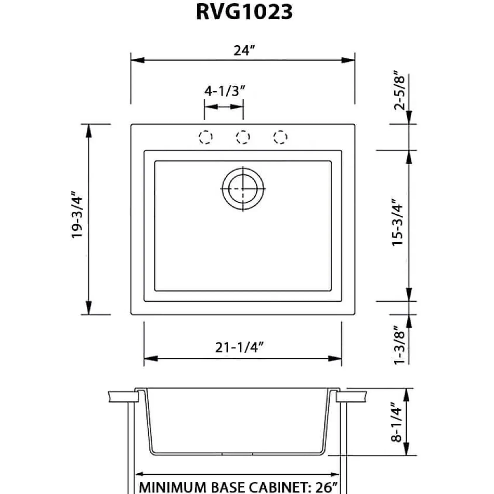 Ruvati epiGranite 24" Drop-in Topmount Granite Composite Kitchen Sink, Midnight Black, RVG1023BK